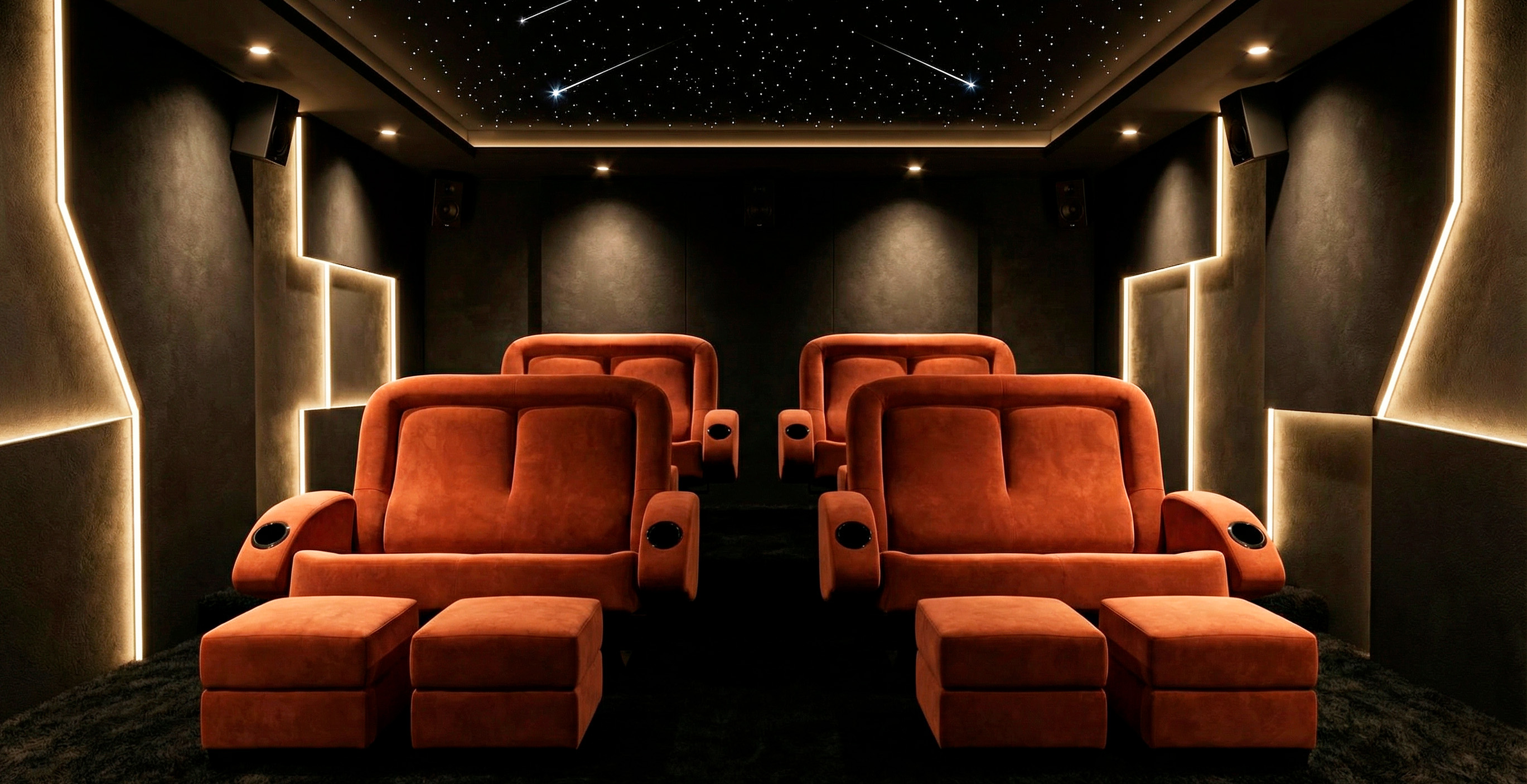 Salle home cinéma avec ciel étoilé et éclairage mural - CcomOciné