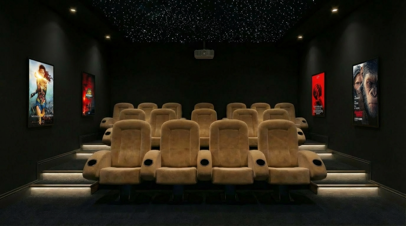 Salle de cinéma avec ciel étoilé et fauteuils beiges