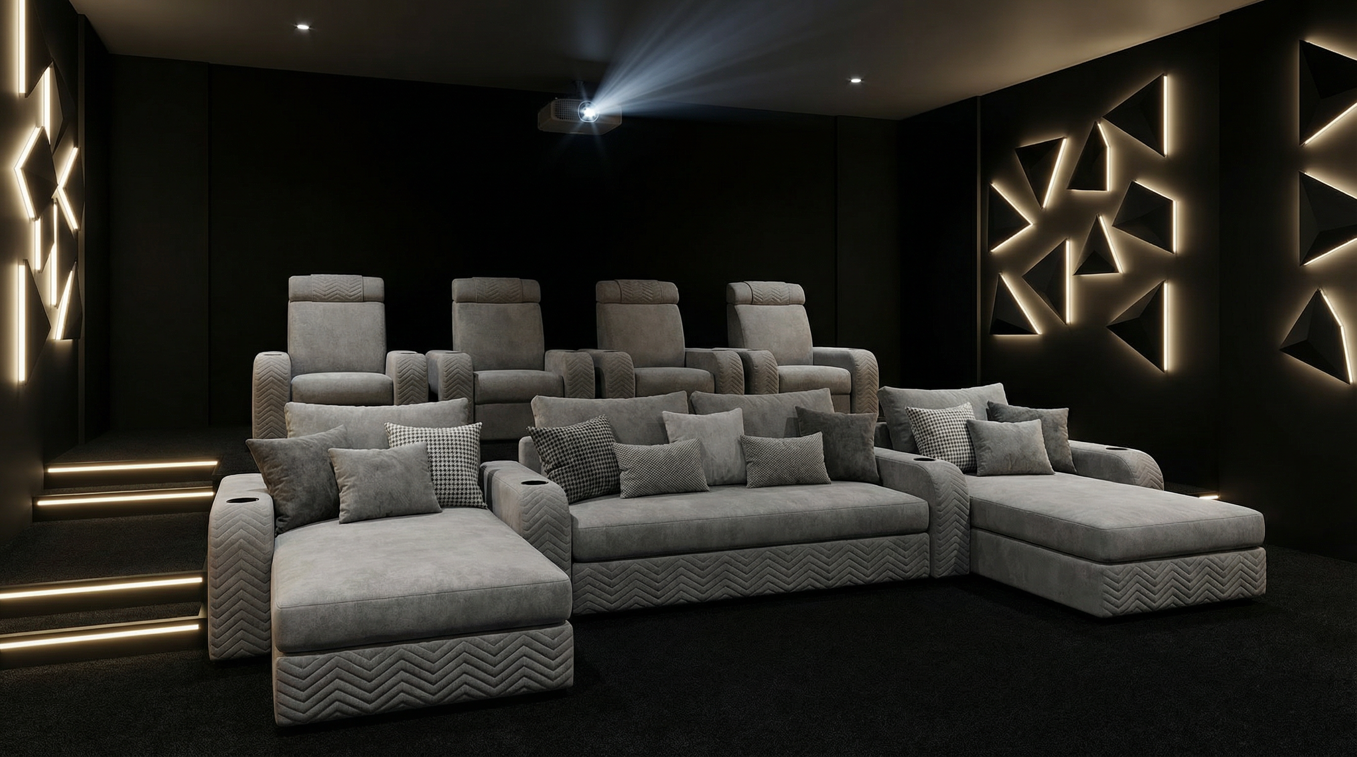 Salle de cinéma avec fauteuils modulables gris PRESTIGE