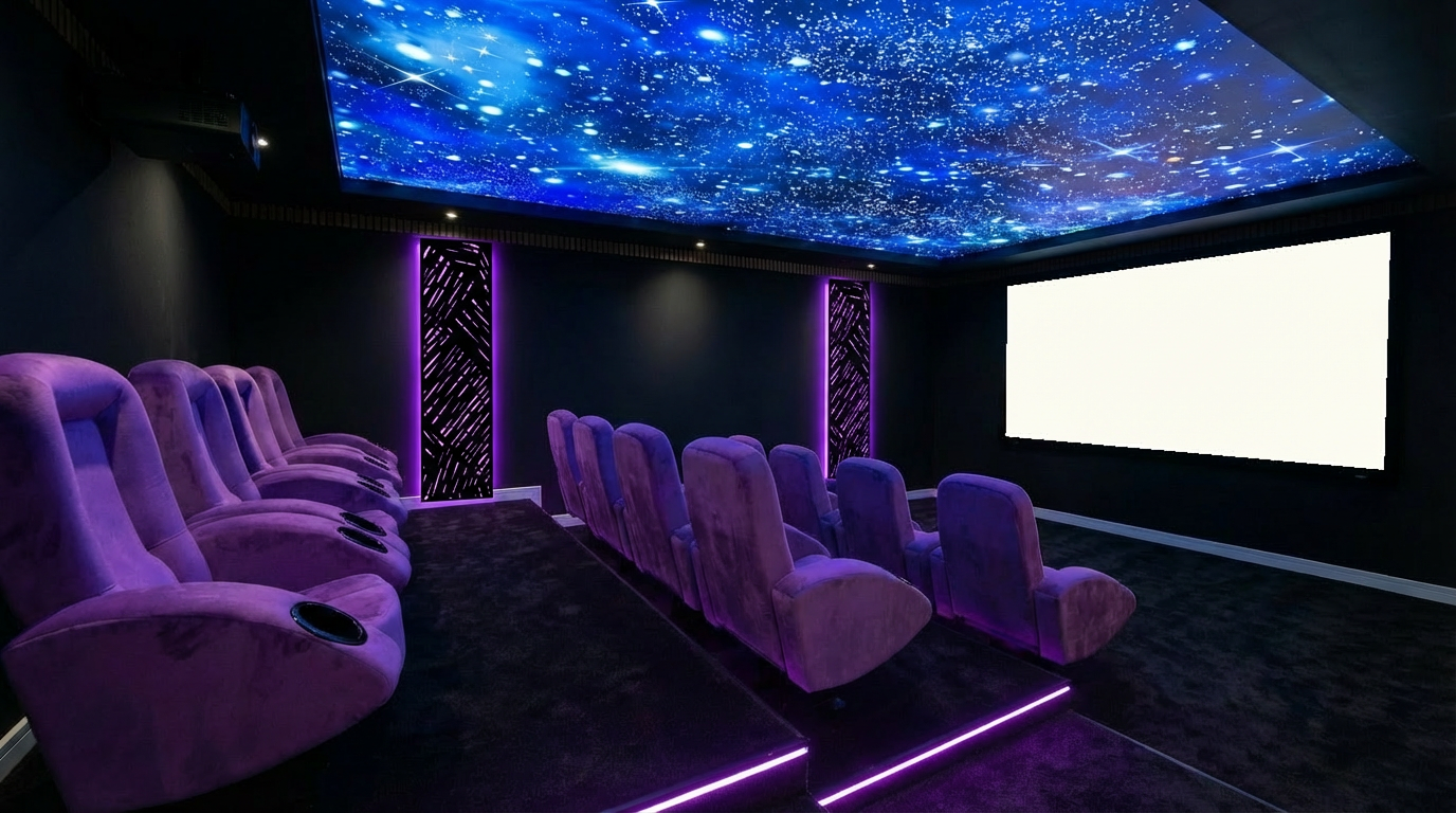 Salle Home Cinéma avec plafond étoilé et éclairage violet RGBW