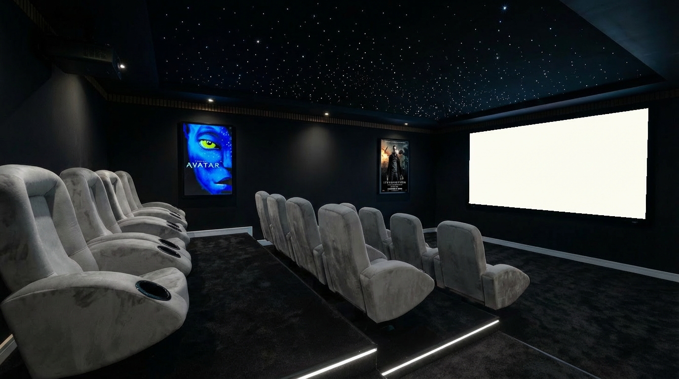 Salle home cinéma avec écran de projection et ciel étoilé