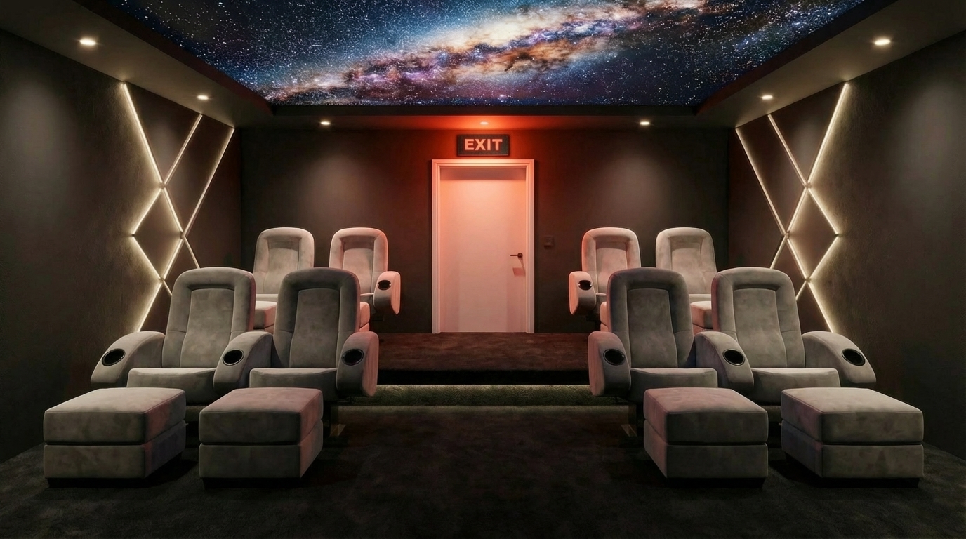 Salle home cinéma avec enseigne EXIT lumineuse et ciel étoilé