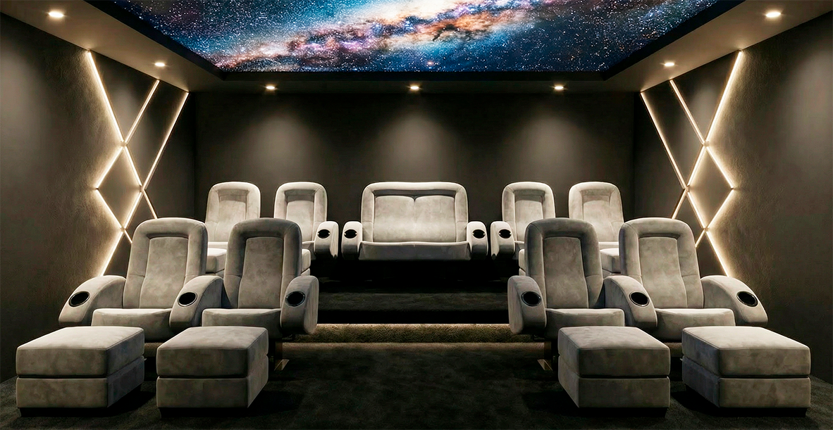Salle de cinéma premium avec ciel étoilé
