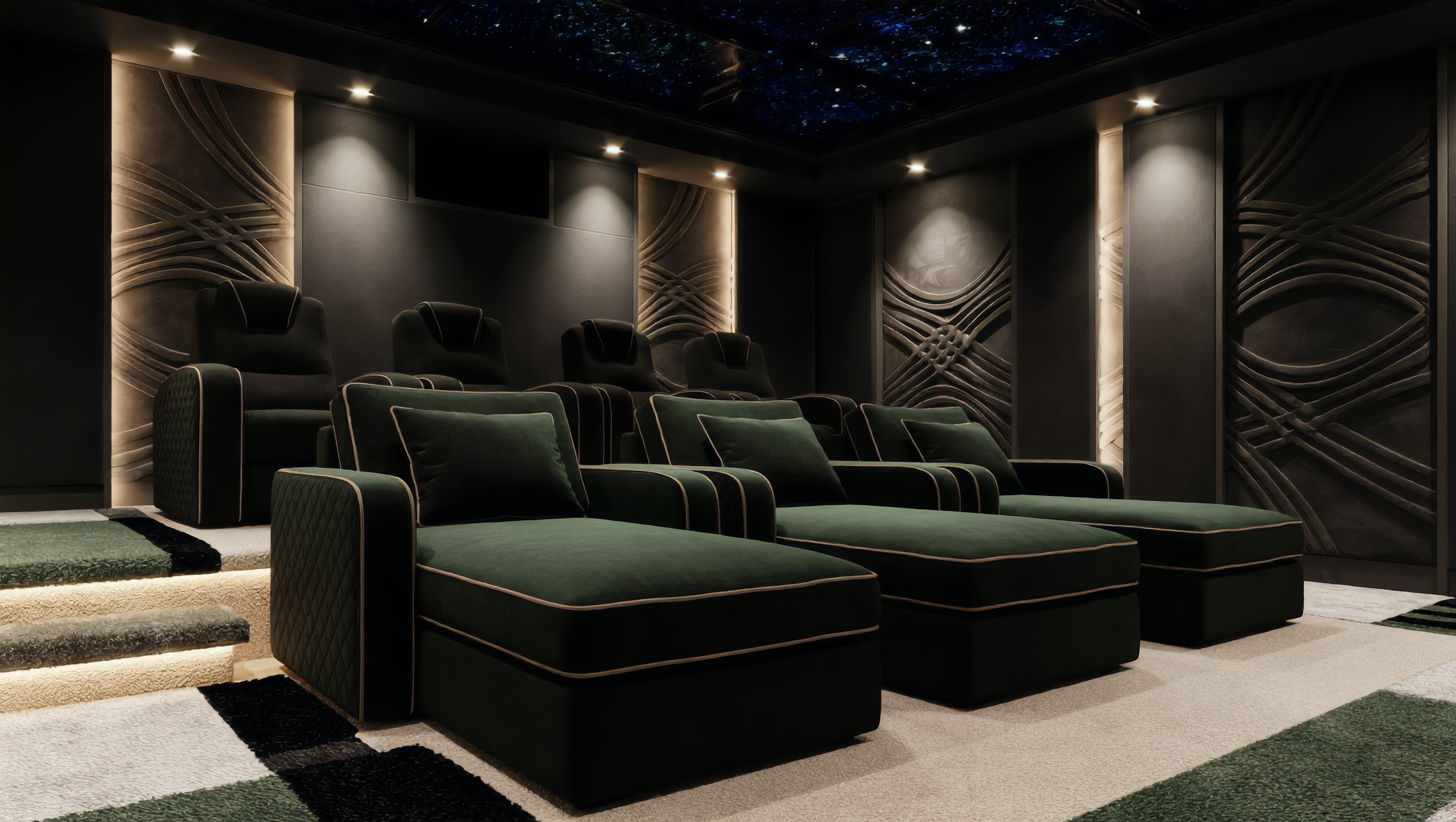 Salle home cinéma avec fauteuils Club velours vert