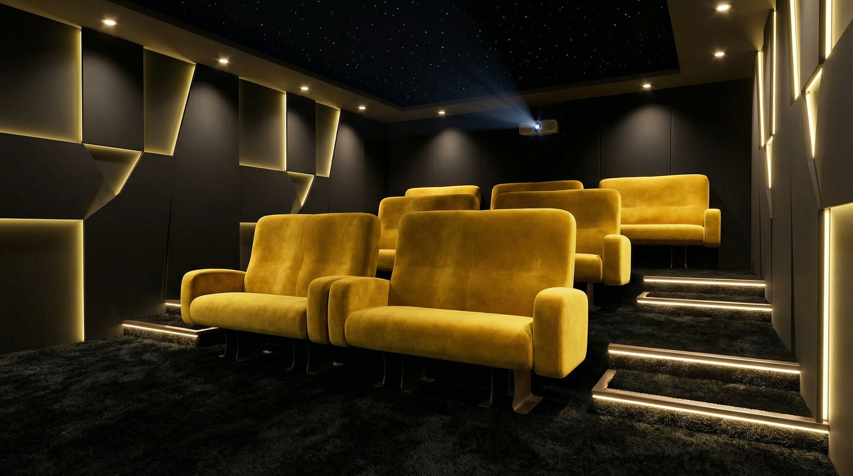Salle home cinéma luxueuse avec fauteuils Le Ciné DUO dorés