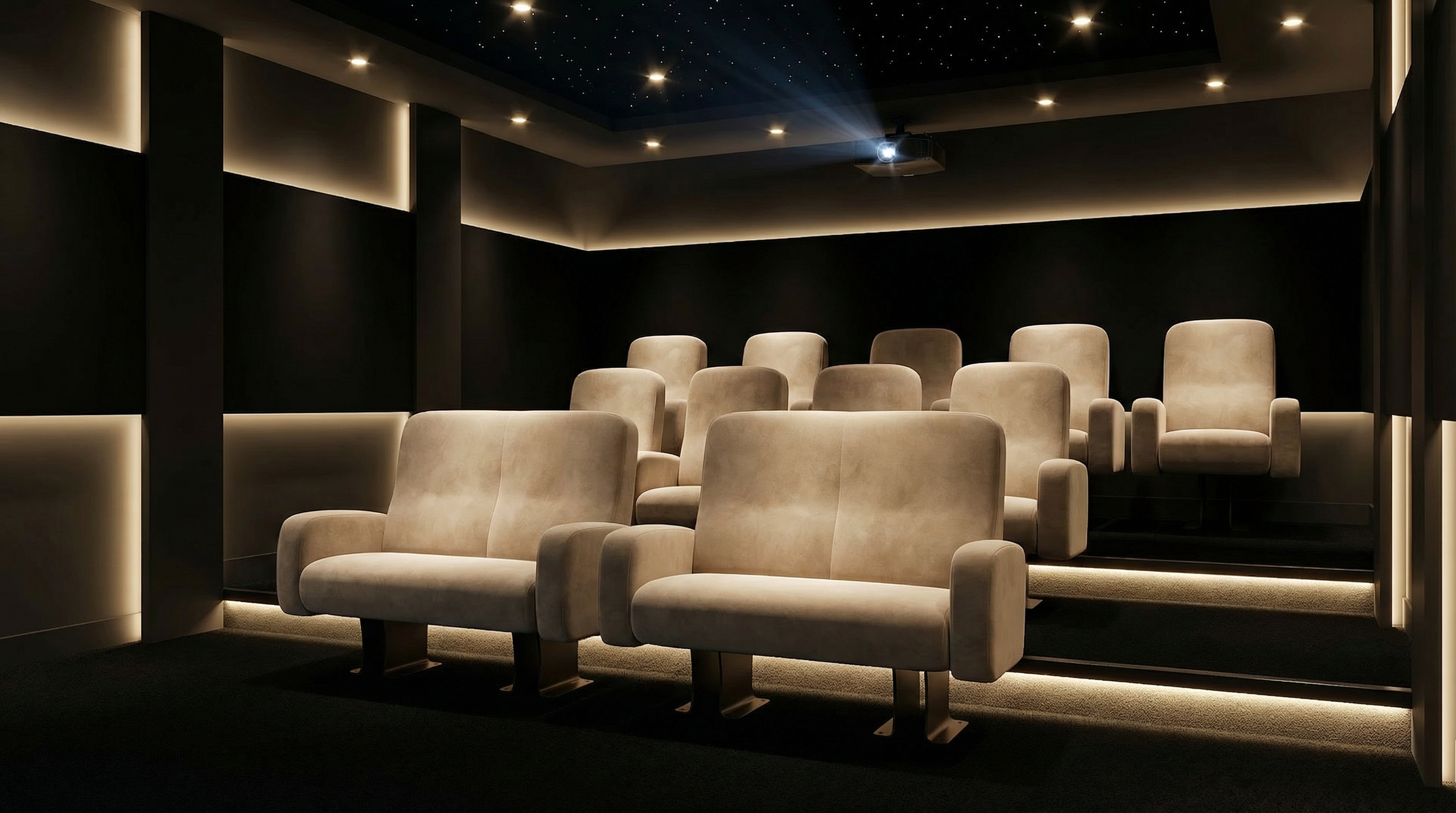 Salle home cinéma élégante avec fauteuils Le Ciné DUO beige