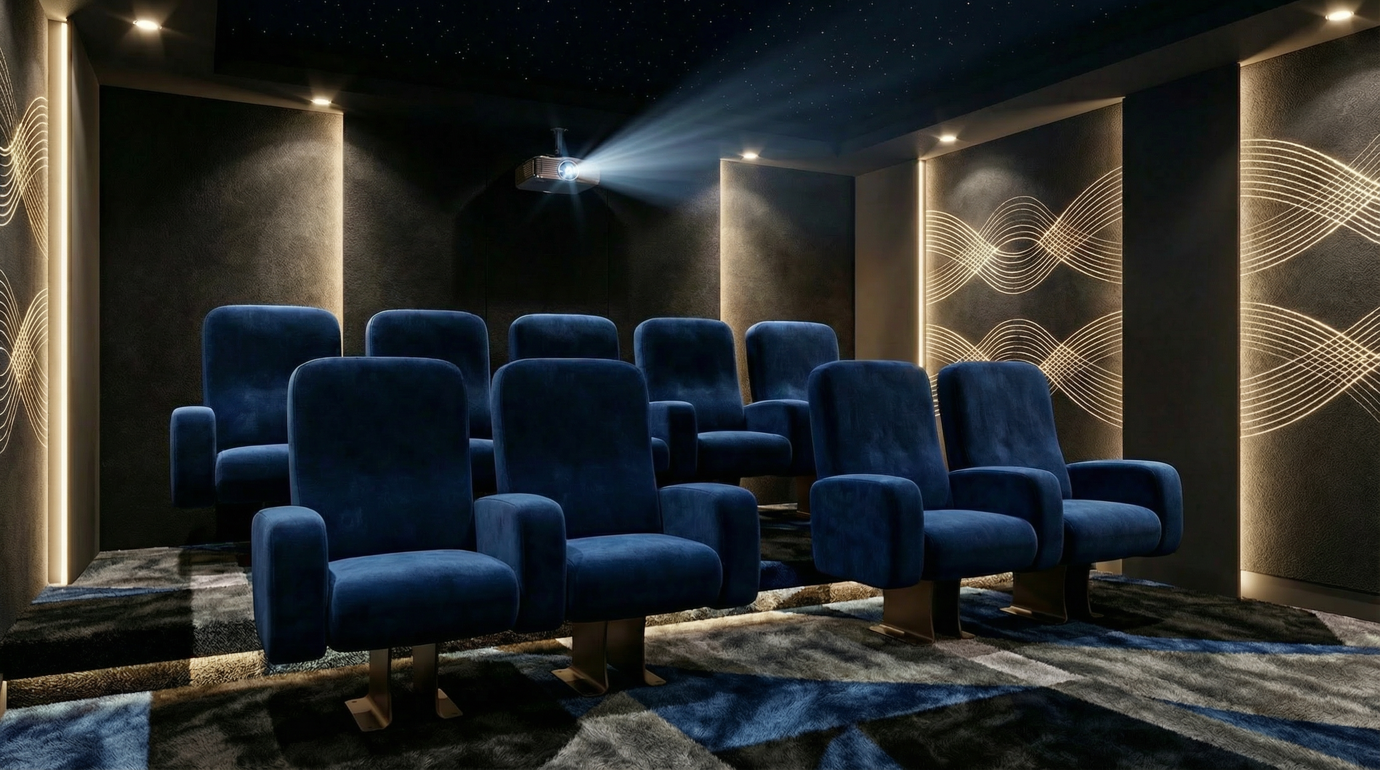 Salle de cinéma privée ambiance bleue