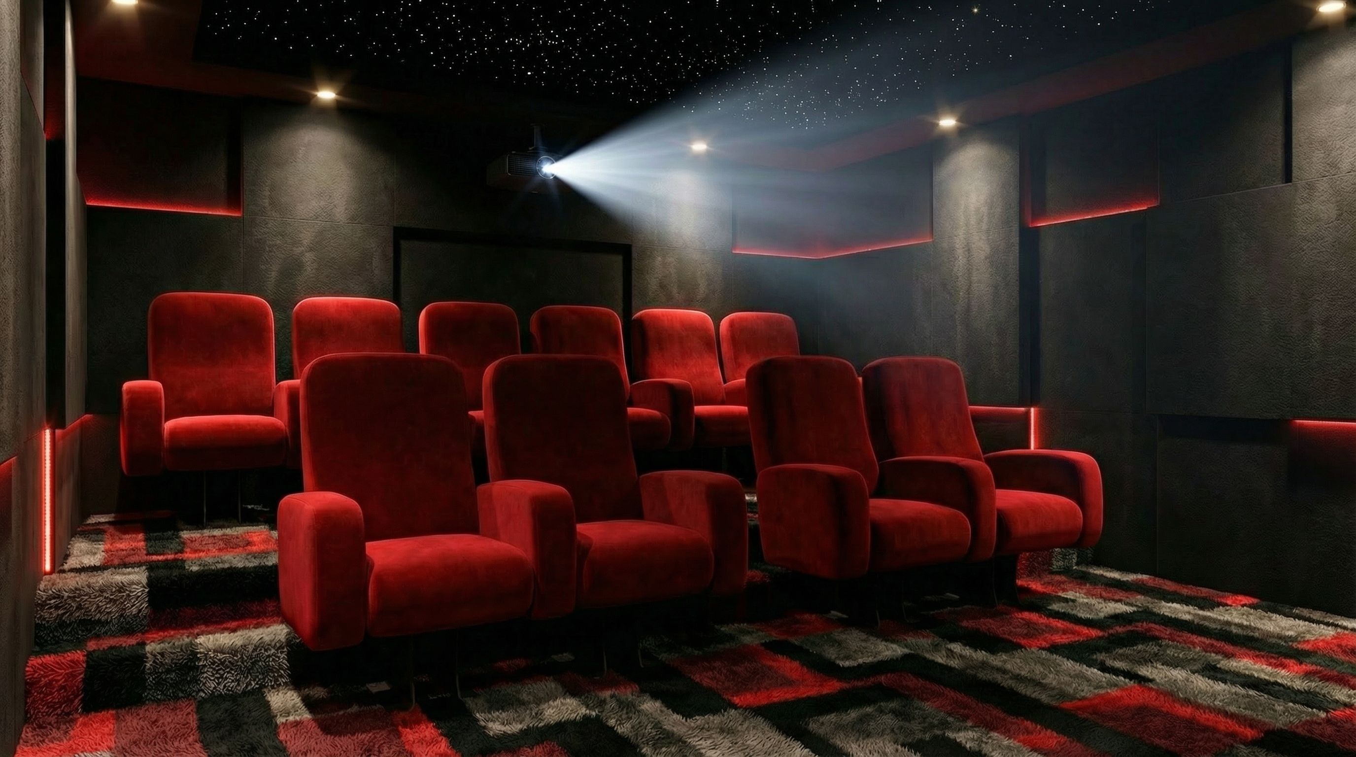 Salle de cinéma privée ambiance rouge