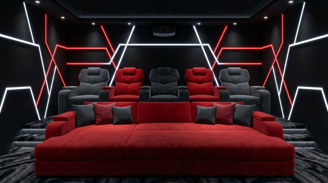 Salle home cinéma avec fauteuils Manhattan rouge et gris