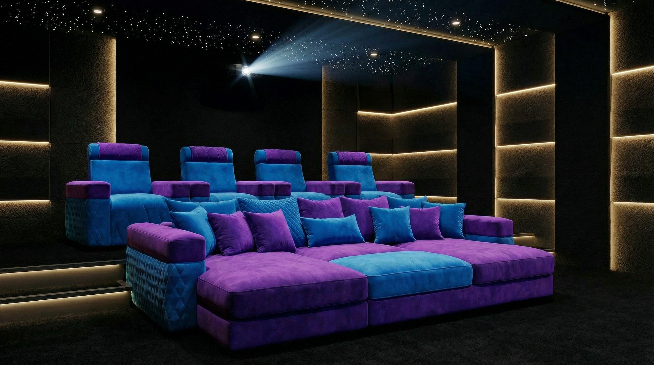 Salle home cinéma avec fauteuils Nova violet et bleu