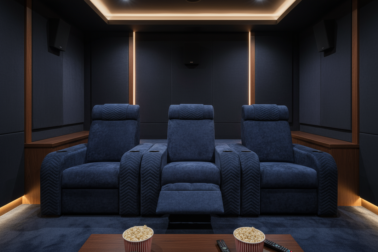 Salle home cinéma futuriste avec fauteuils Prestige roses