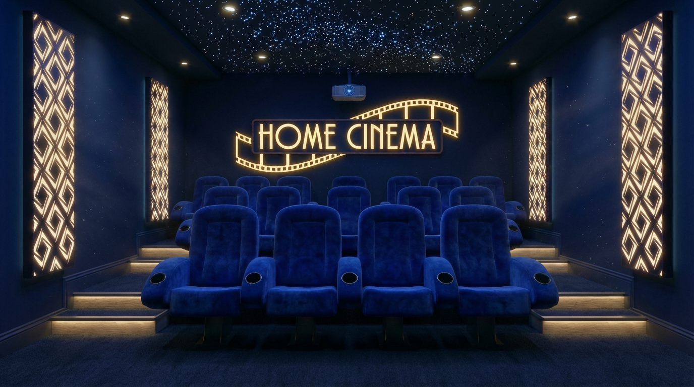 Salle Home Cinéma avec décors lumineux dorés et fauteuils bleus