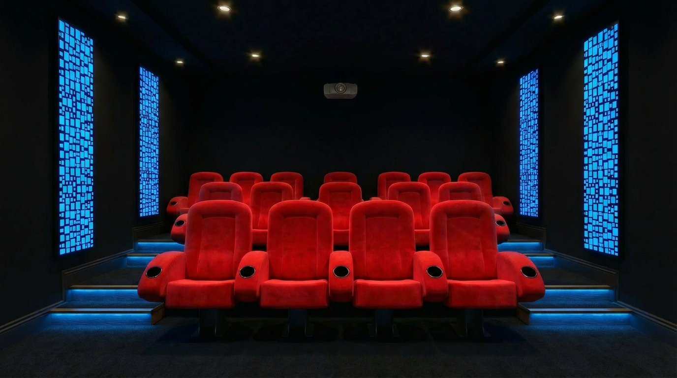 Salle Home Cinéma avec panneaux LED bleus et fauteuils rouges