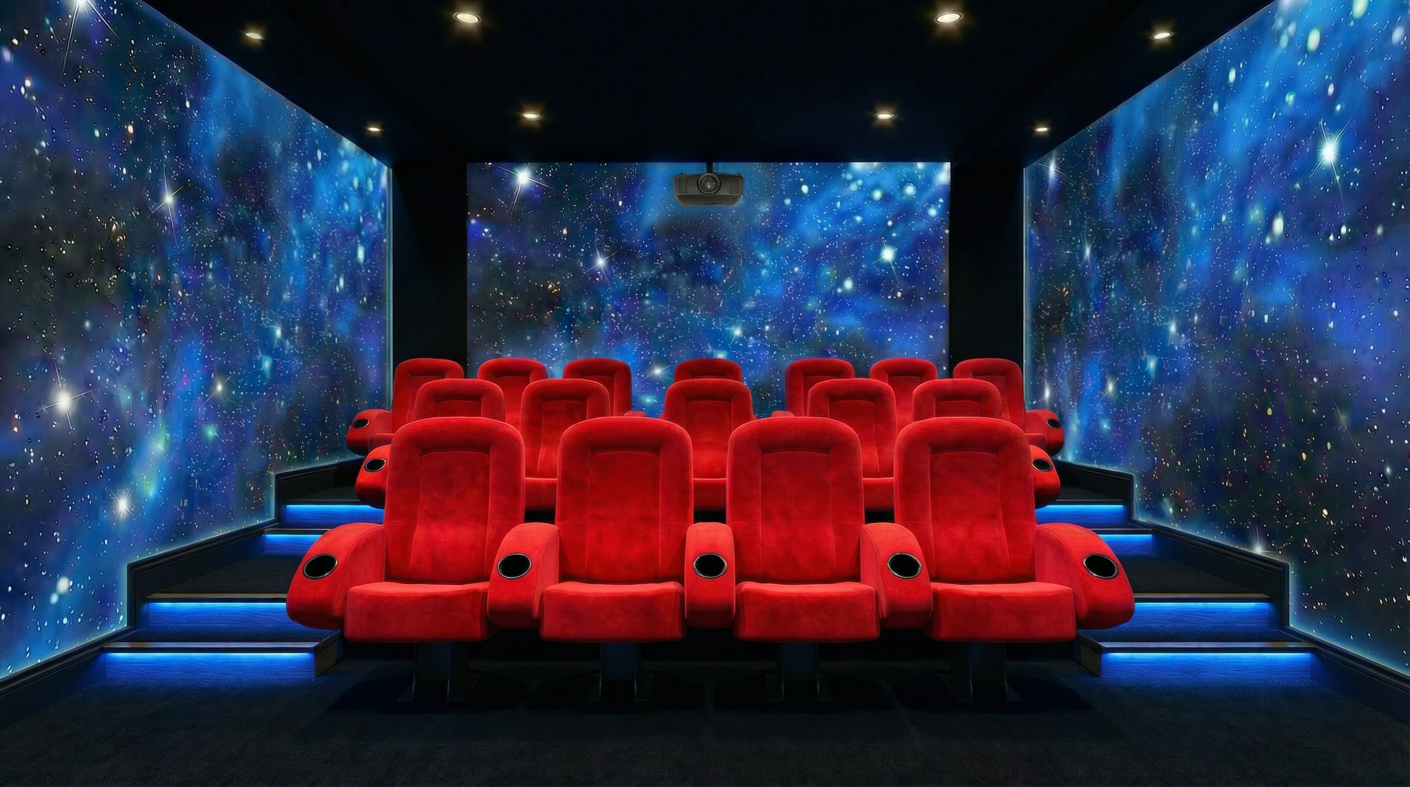 Salle home cinéma avec murs et plafond lumineux galaxie - fauteuils rouges