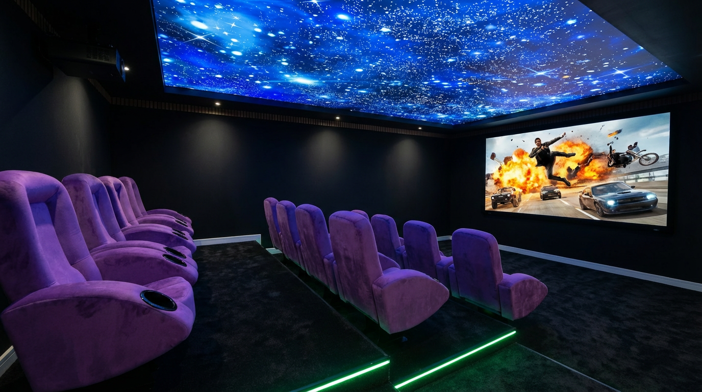 Plafond tendu lumineux étoilé - salle cinéma fauteuils violets