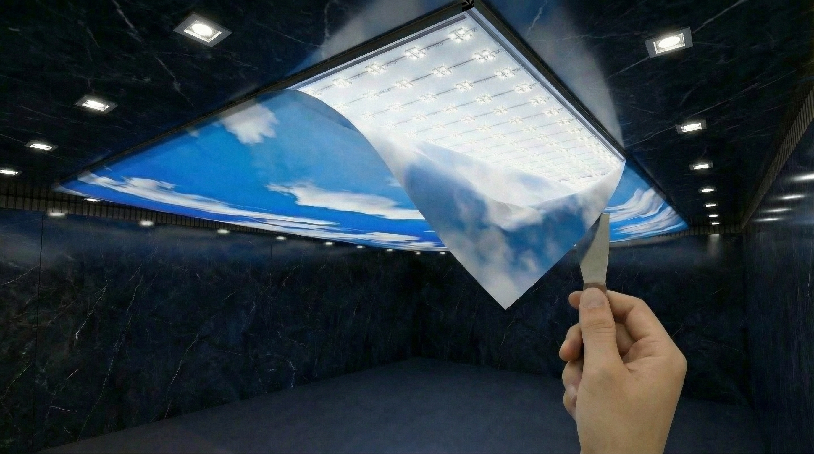 Installation d'un plafond tendu lumineux - Toile avec impression ciel et LEDs